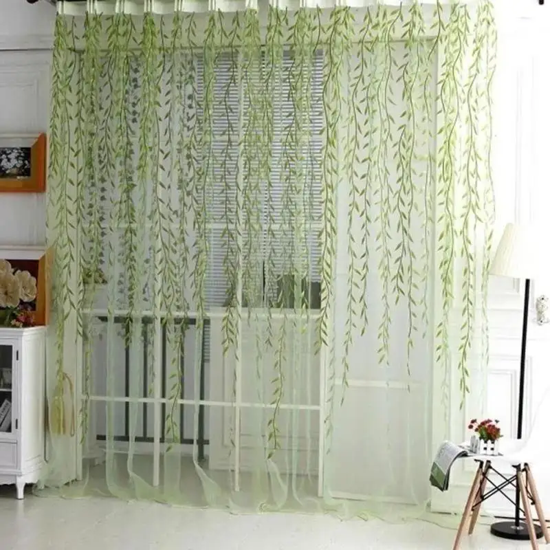 1Pair Willow Leaf Sheer Curtains Rustic Floral Window Drapes Printed Voile Curtains For Bedroom Living Room Home Decor