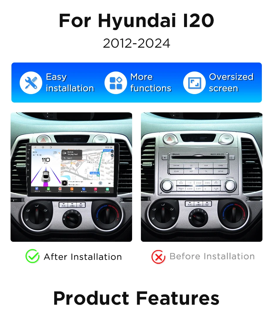 Junsun 8-Kern 360 ° Kamera-Autoradio für Hyundai I20 2012 - 2014 Drahtloser CarPlay-Bildschirm Android Auto Stereo GPS Navi 4G WiFi SWC – Detail 2