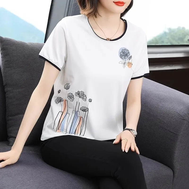 Women's Abstract Floral Print Crew Neck Short Sleeve T-Shirt Casual Contrast Trim Cotton Top