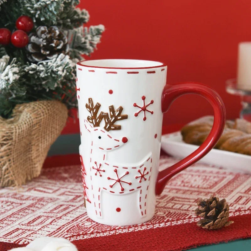 

Christmas Creative Ceramic Mug Santa Claus Elk Embossed for Coffee Oatmeal Milk Home Water Cup Breakfast Gift