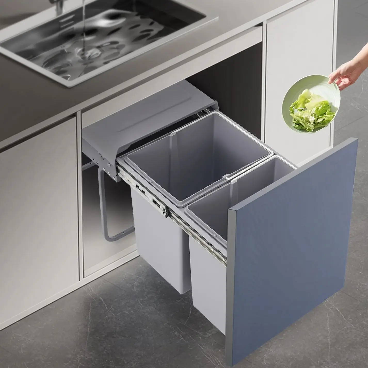 

Двойной выдвижной мусорный бак 40 л, раздвижной контейнер для раздельного сбора отходов 20 л+20 л, мусорное ведро для кухни, дома, ресторана, офиса