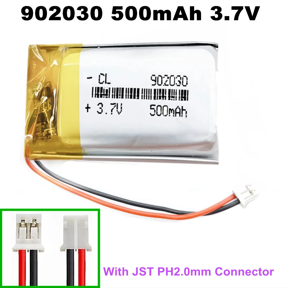 1-10PCS 902030 500mAh 3.7V PH2.0 2P Rechargeable Polymer Lithium Battery for Solar Light Dvd Mp3/mp4 Tracker Anti-theft Device