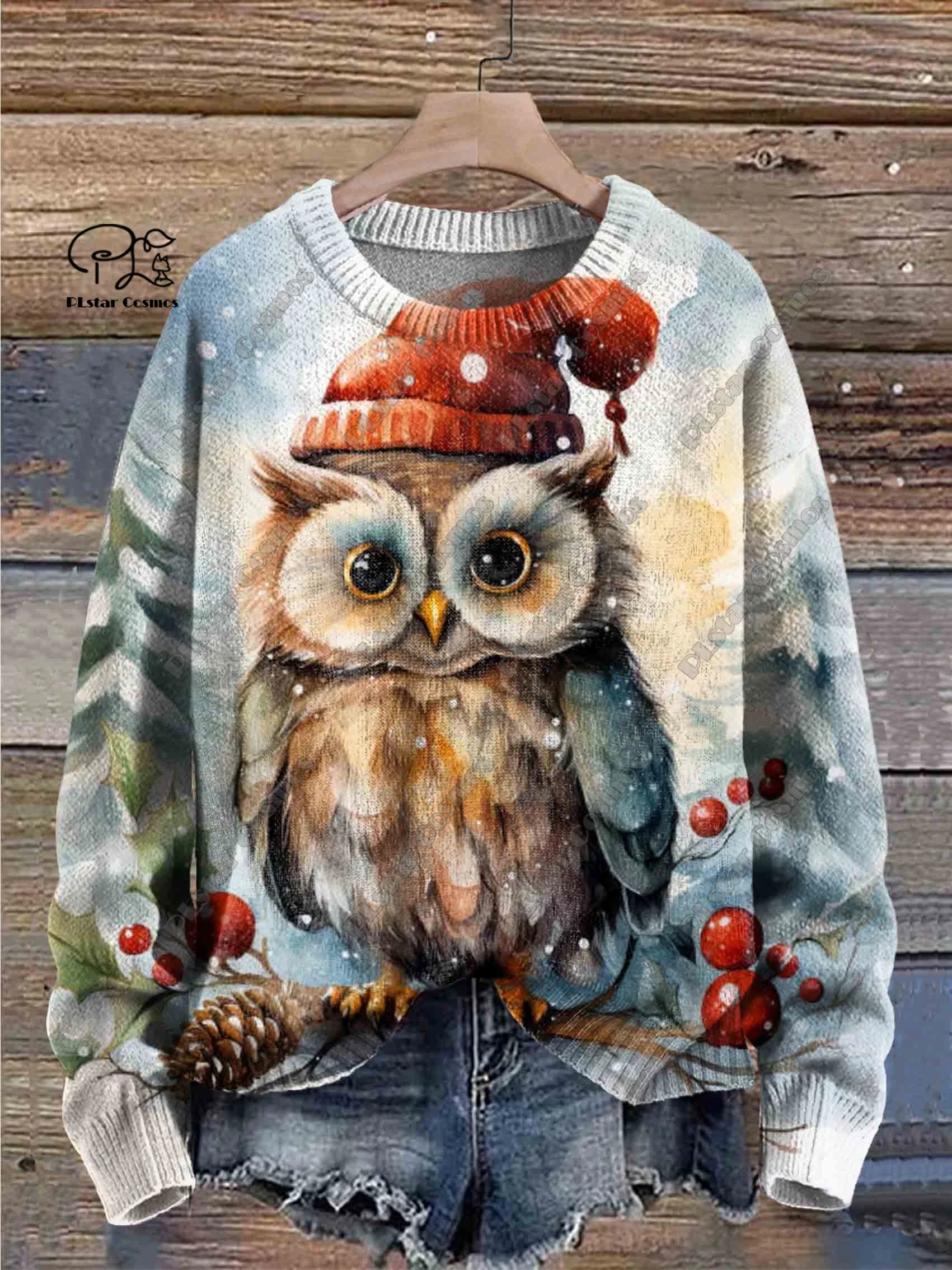 PLstar Cosmos new 3D printed animal series cute owl and rabbit pattern brutto maglione winter street casual unisex