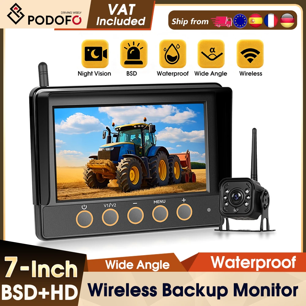 Podofo Kabelloser Auto-Monitor mit 720P Rückfahrkamera, Auto-Backup, IP68 Wasserdicht, BSD Manueller Fokus, Punkt-Warnung für Auto und LKW