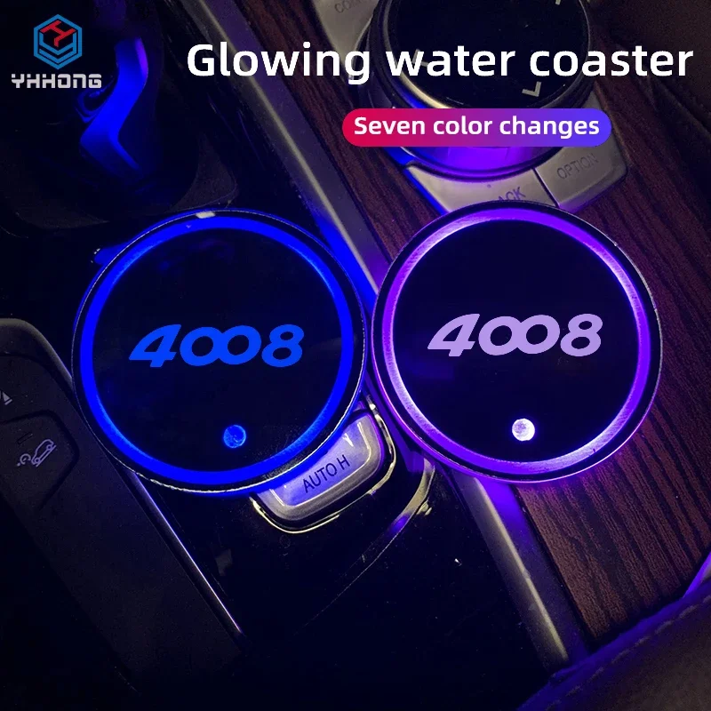 

7 Colorful USB Car Logo Led Atmosphere Light Cup Luminous Coaster Holder For For Peugeot 308 2008 3008 5008 4008 Accessories