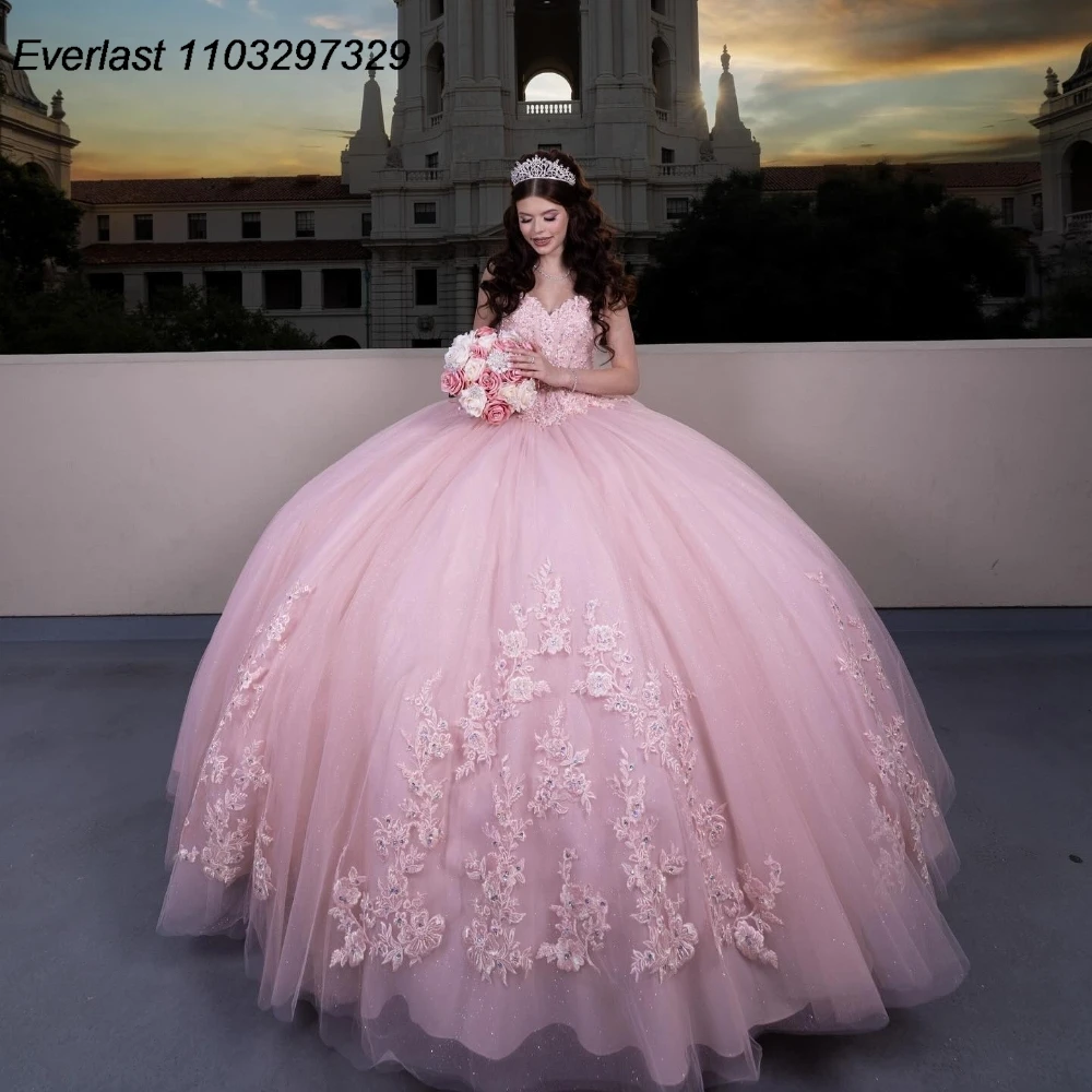 EVLAST Customized Blush Pink Quinceanera Dress Ball Gown Lace Applique Beaded Mexico Corset Sweet 16 Vestido De 15 Anos QD1139