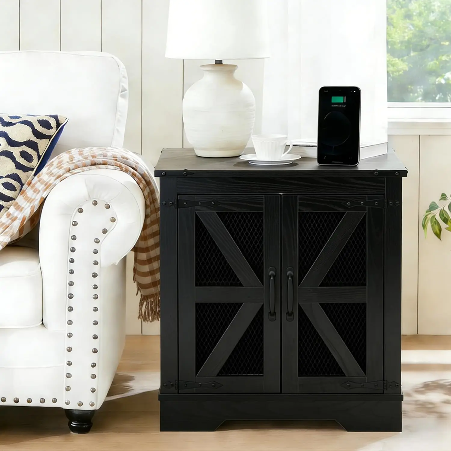 Black Farmhouse End Table with USB Charging Station, 21