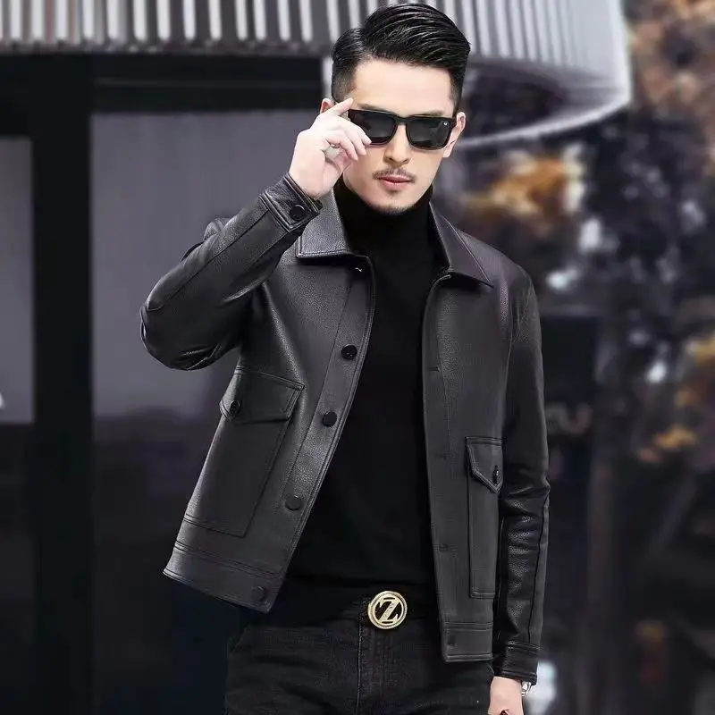 

2023 Autumn Men Fashion Real Sheepskin Leather Jackets Male Slim Single Breasted Coats Men Short Genuine Leather Outerwear F296
