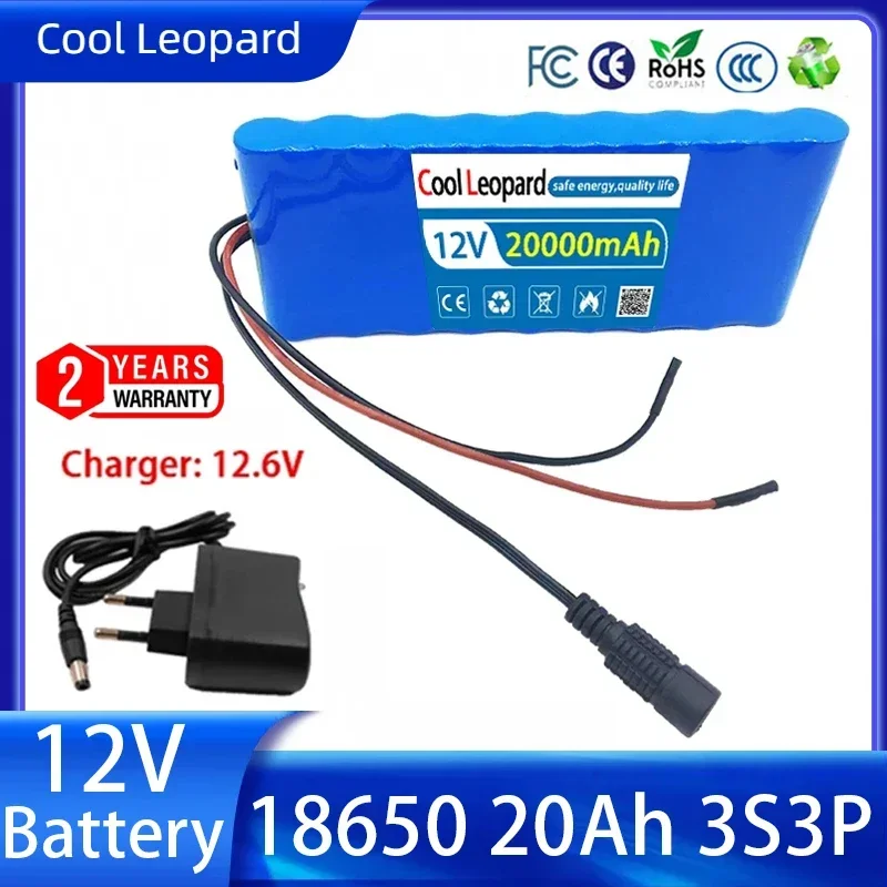 12V 20Ah 3S3P Lithium Ion 18650 Battery Pack Super Large Capacity  Rechargeable Battery For CCTV Cam Monitor With BMS Charger