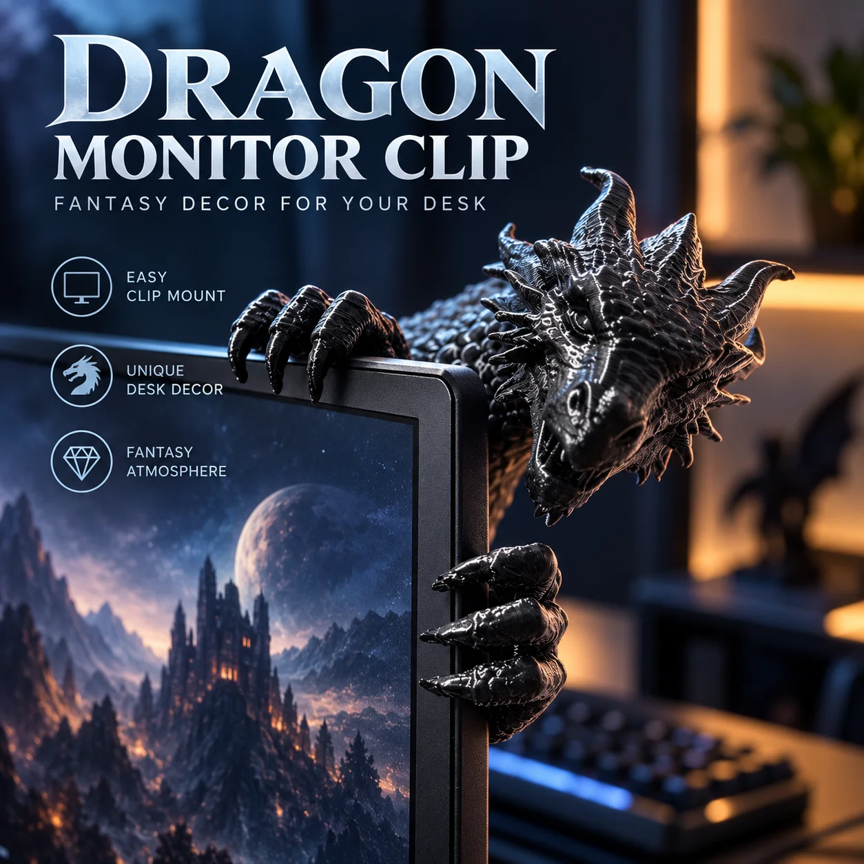 3D Printed Dragon Monitor Clip Figurine, 15mm Screen Edge Desktop Decor, Fantasy Gamer Desk Ornament for Home Office