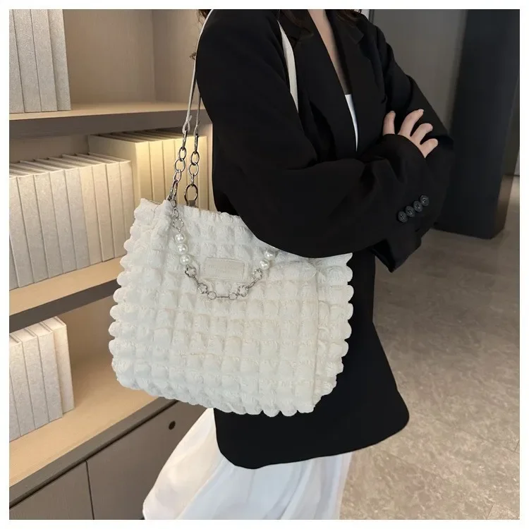 Damen Gesteppte Karierte Wolken-Baumwolltasche, Plissierte Unterarm-Hobo-Shopper-Umhängetasche für den Täglichen Gebrauch – Detail 8