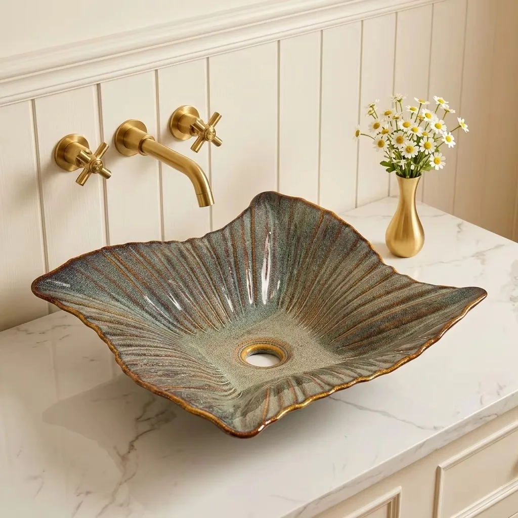 R*# Light Luxury Modern Independent Design Flower-Shaped Ceramic Art Basin for Bathroom and Hotel Use