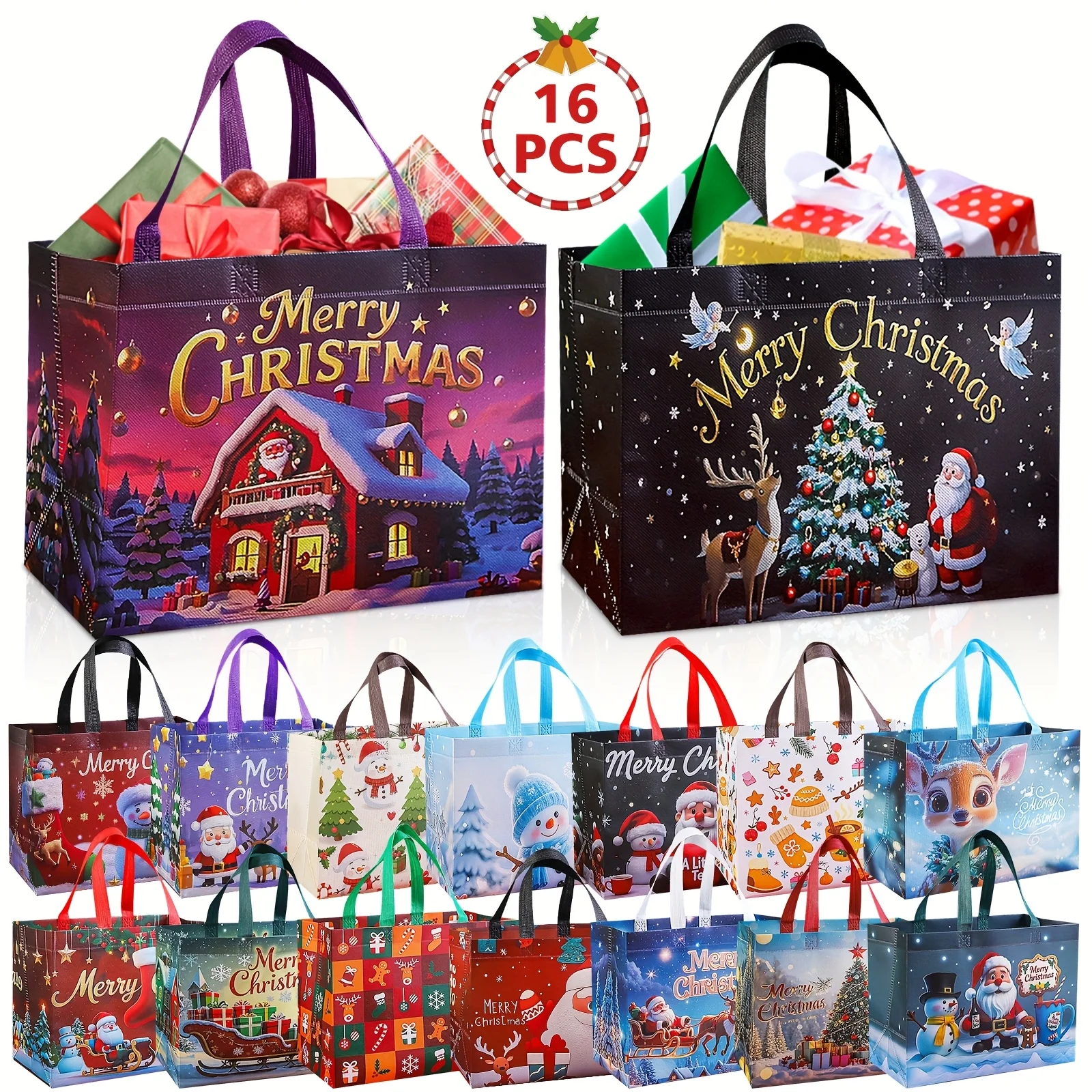 16 große Weihnachtsgeschenktüten mit Griffen, wiederverwendbar, Weihnachtsmann, Schneemann, Weihnachtsbaum-Designs – für Urlaubsangeln, Weihnachtsfeiern – Detail 1