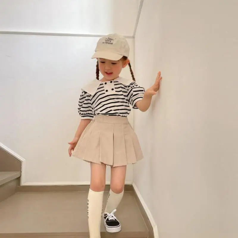 

2026 Summer New Children Short Sleeve Clothes Set Girls Big Lapel Striped T Shirts + Shorts Skirt 2pcs Suit Kids Cotton Outfits