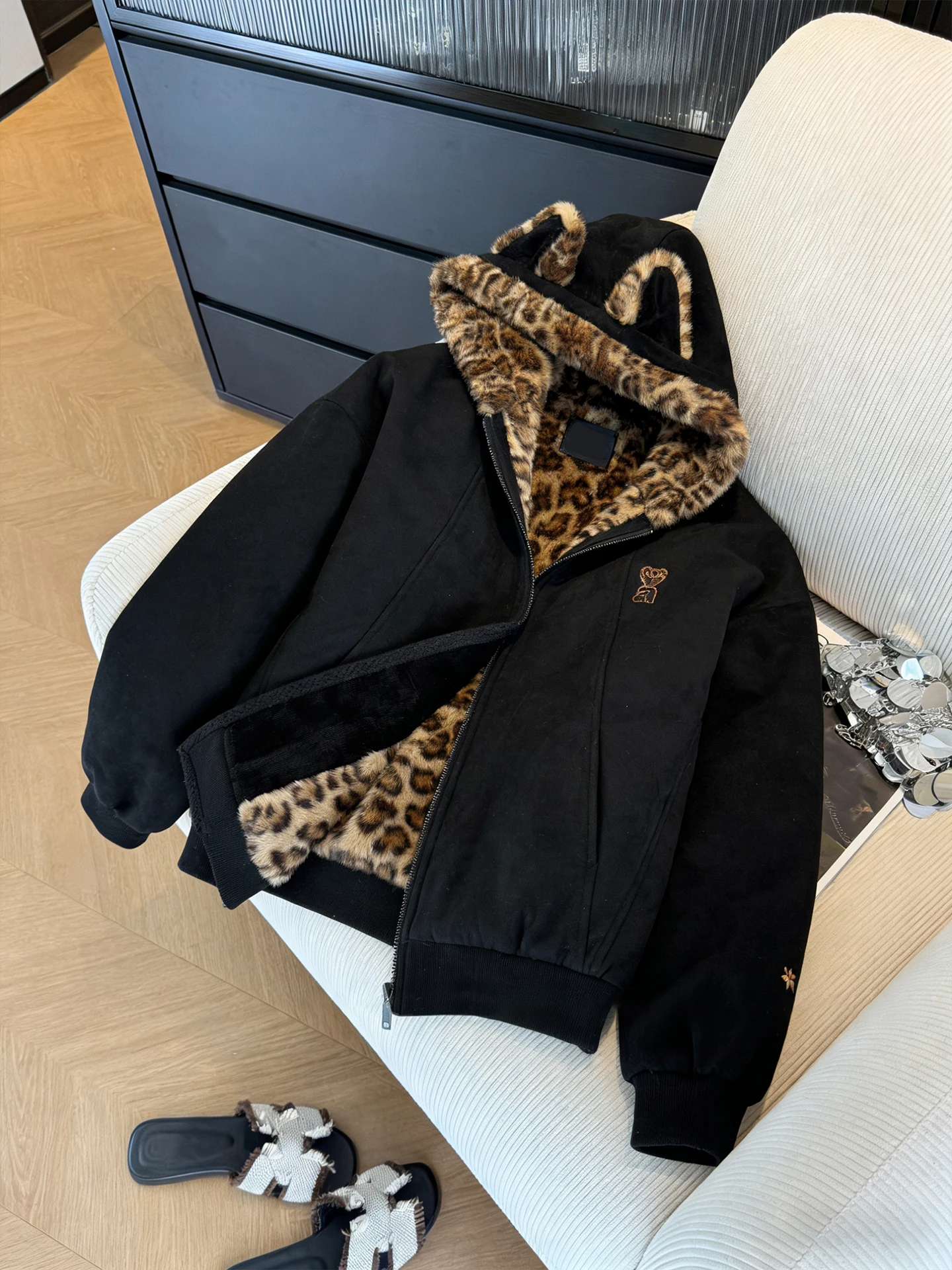 

American Retro High Street Suede Leopard Print Thiened Cotton Jaet Autumn Winter Casual Loose Top Women's Faion Design