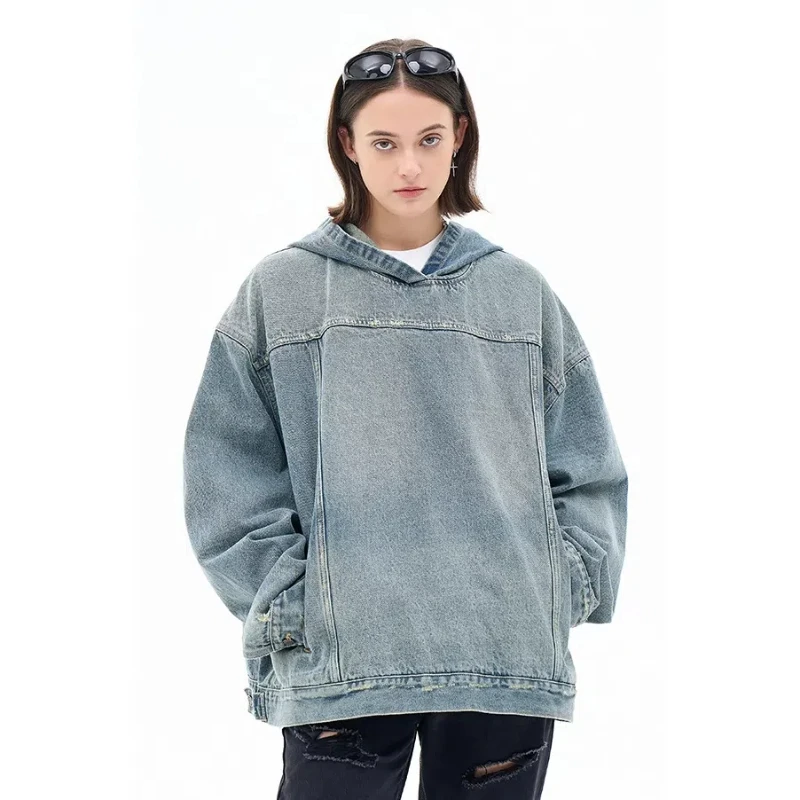 High Street Oversized Denim Hoodied Sweatshirts Washed Distressed Jackets High Quality Hoodie Pullover Casual Printed Hoodies