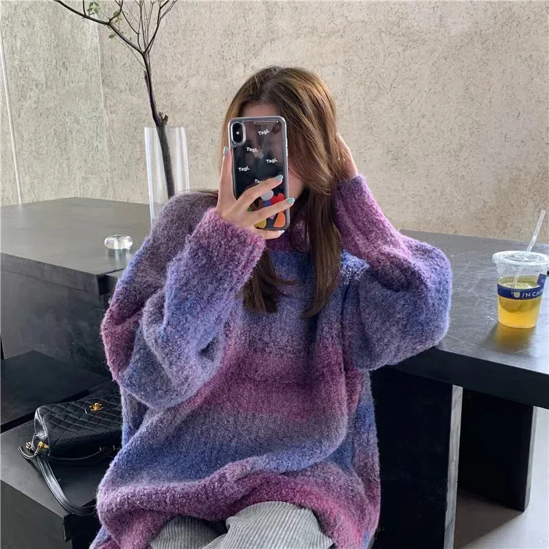 Streetwear Gradient Sweater Women Tie Dye Oversized Knitted Pullovers Vintage Korean Casual Knitwear Winter Jumper Tops V1360