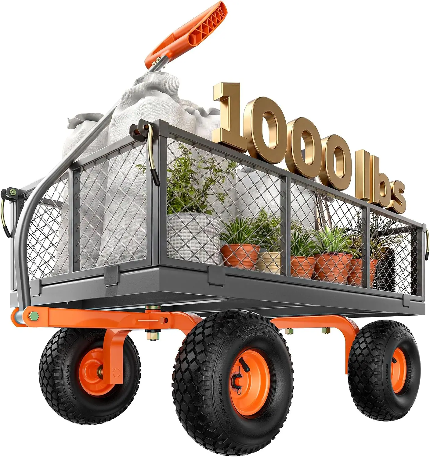 1000 Lbs Steel Garden Cart with 10 Inch All-Terrain Pneumatic Tires, 4 Removable Mesh Sides, 270 Degree Flexible Turning, Upgraded Widened Beams