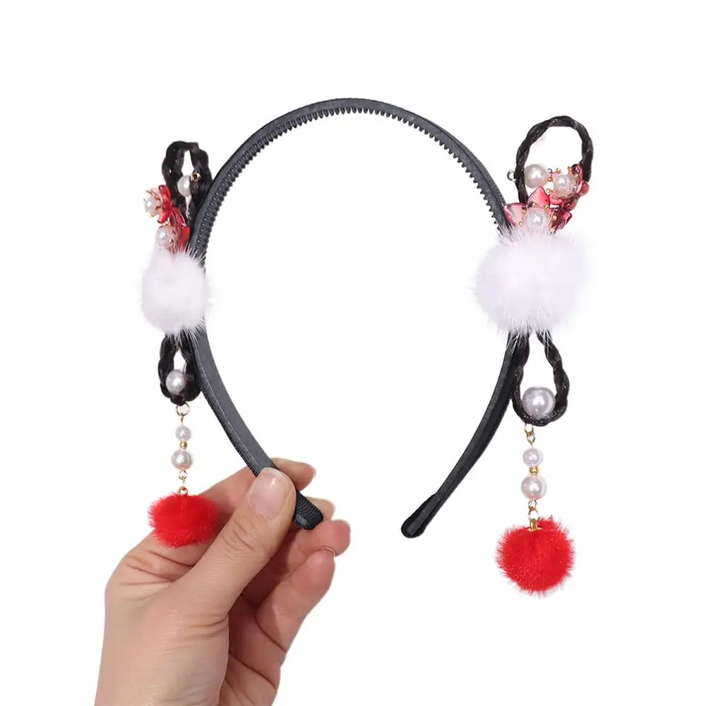 

Traditional Chinese Style Hanfu Wig Headband Red Pearl Flower Tassel Headband Ancient Cute New Year Headwear Children