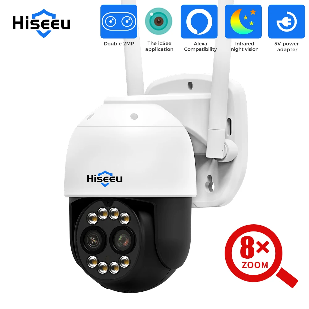 Hiseeu 4MP Dual Lens PTZ Wifi IP Camera 8X Zoom Outdoor HD Full Two-Way Voice Human Detection Video Surveillance Cameras 5V