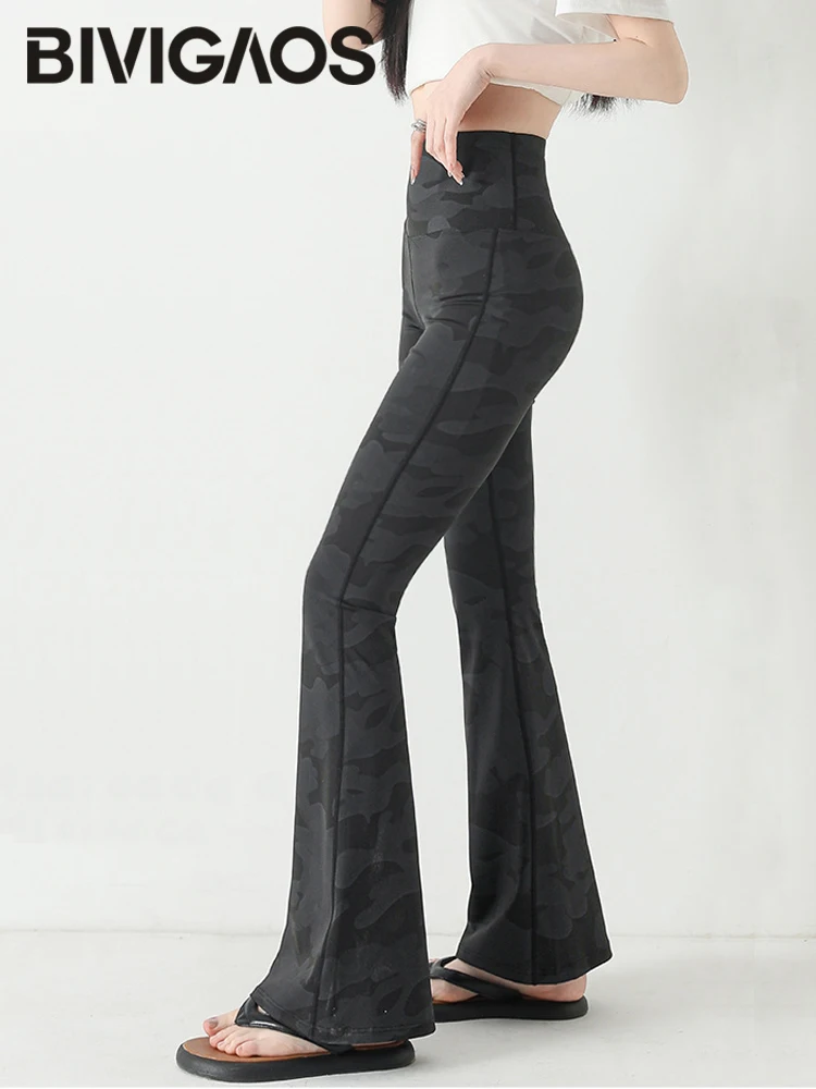 BIVIGAOS 2025 New Spring/Summer Thin Camouflage Sharkskin Flared Leggings Women Fashion Tight Slimming Sexy Elastic Flared Pants