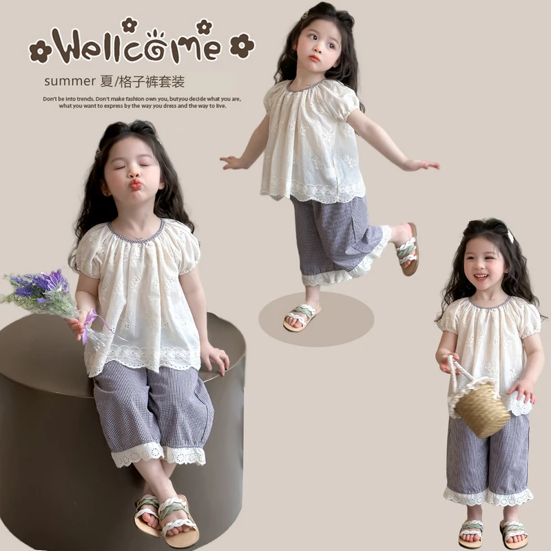 

Summer Baby Girls Short Sleeve Pure Color T-shirt +Plaid Pants Suit Sweet Baby Girl Cotton Clothes Infant Princess Clothing Suit