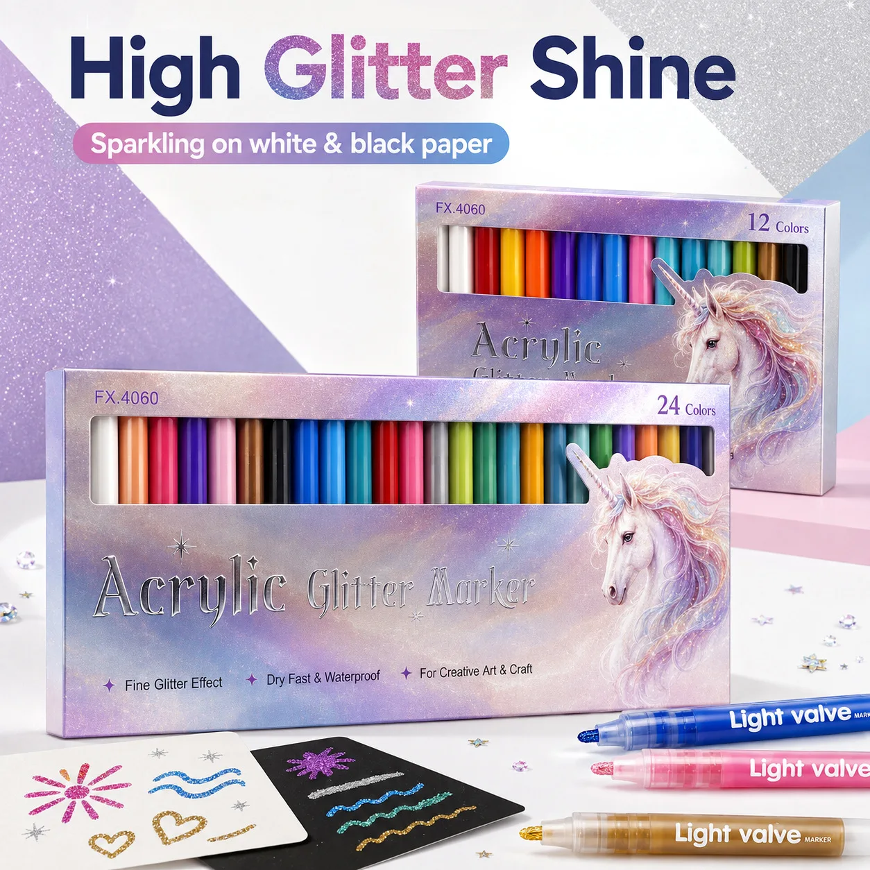 12/24-Color Flash Acrylic Markers Set for Students DIY Greeting Card Special Flash Pen Children's Art Painting Supplies