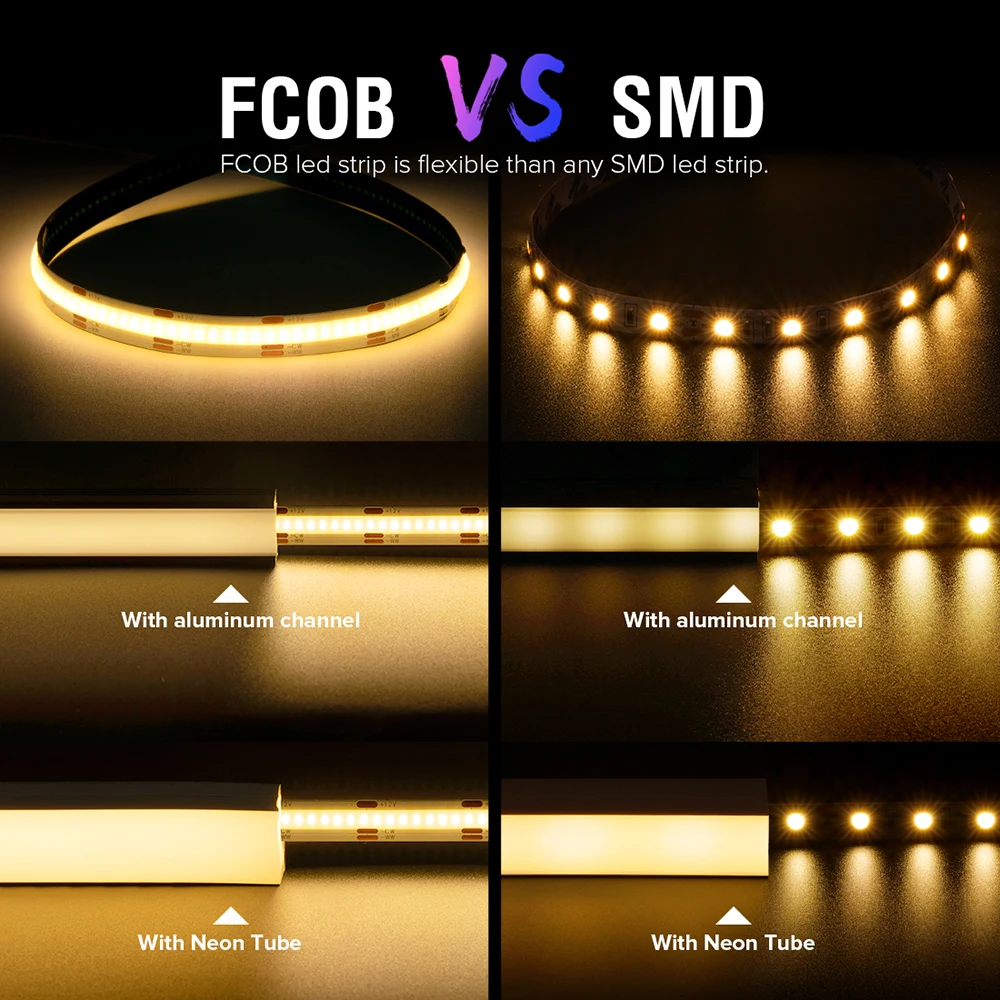 FCOB CCT Light Strip FOB COB LED 10mm Led Lights RA90 640 LEDs High Density Flexible Warm White with White Linear Dimmable DC24V