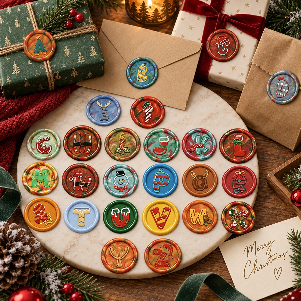 1pc 25mm Christmas Initial Wax Seal Stamp A-Z Alphabet with Santa Sock Elk Design for Envelope Letter Sealing DIY Craft Supplies