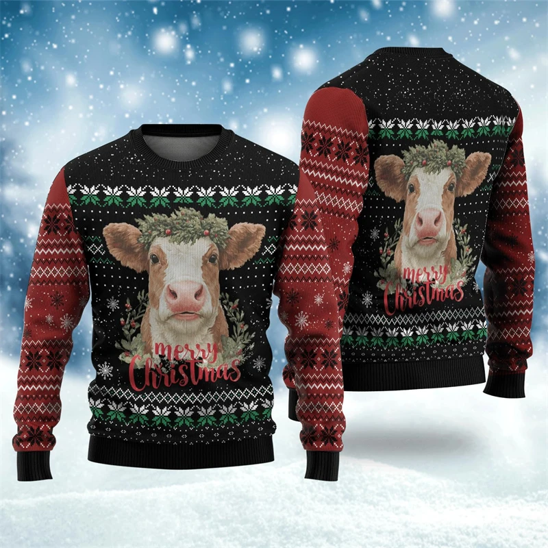 

2026 New Funny Cow Head Graphic Ugly Christmas Sweater Fashion Crew Neck 3D Printed Xmas Sweatshirt Loose Holiday Wear Pullovers