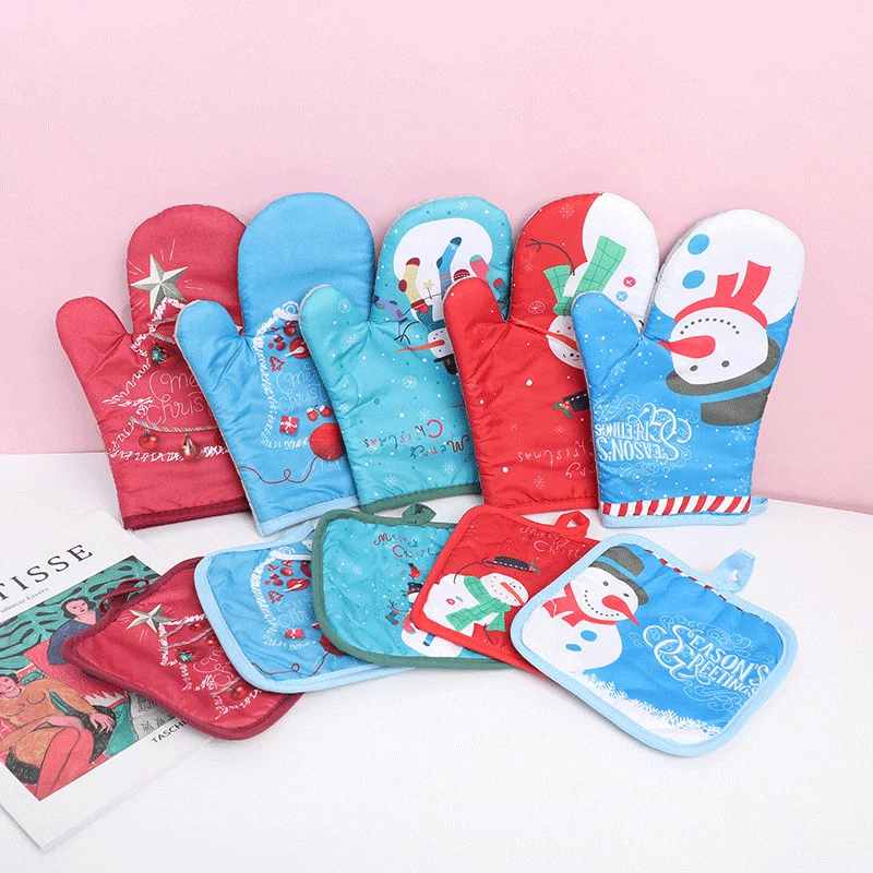 Multifunctional Christmas Series Anti-scalding Gloves Microwave Oven Cartoon Snowman Christmas Tree Anti-slip Baking Gloves