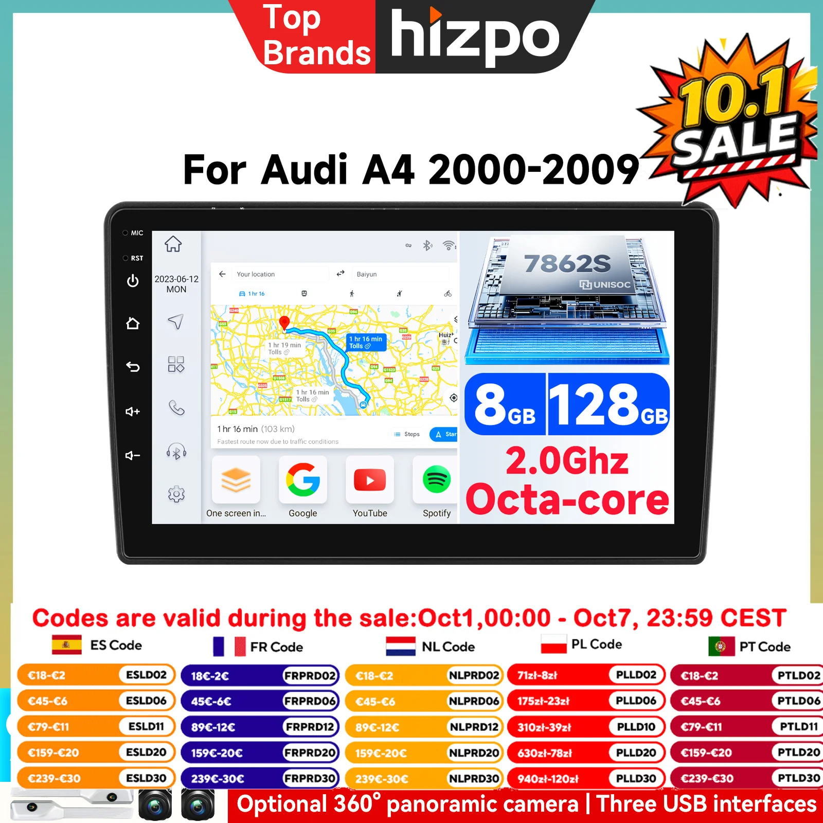 Autoradio Hizpo 9'' 2Din con Carplay per Audi A4 B6 S4 RS4 Seat Exeo, Lettore Multimediale con Android Auto, GPS, RDS, WIFI e Sistemi Intelligenti