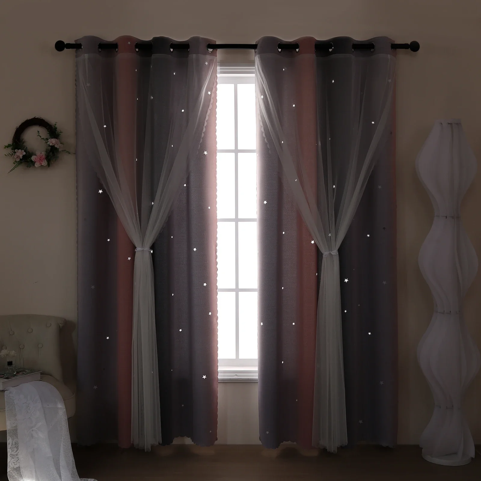 Grey and Pink Gradient Hollow Out Stars Perforated Curtains, Girls Bedroom Living Room Semi-Blackout Decorative Curtains