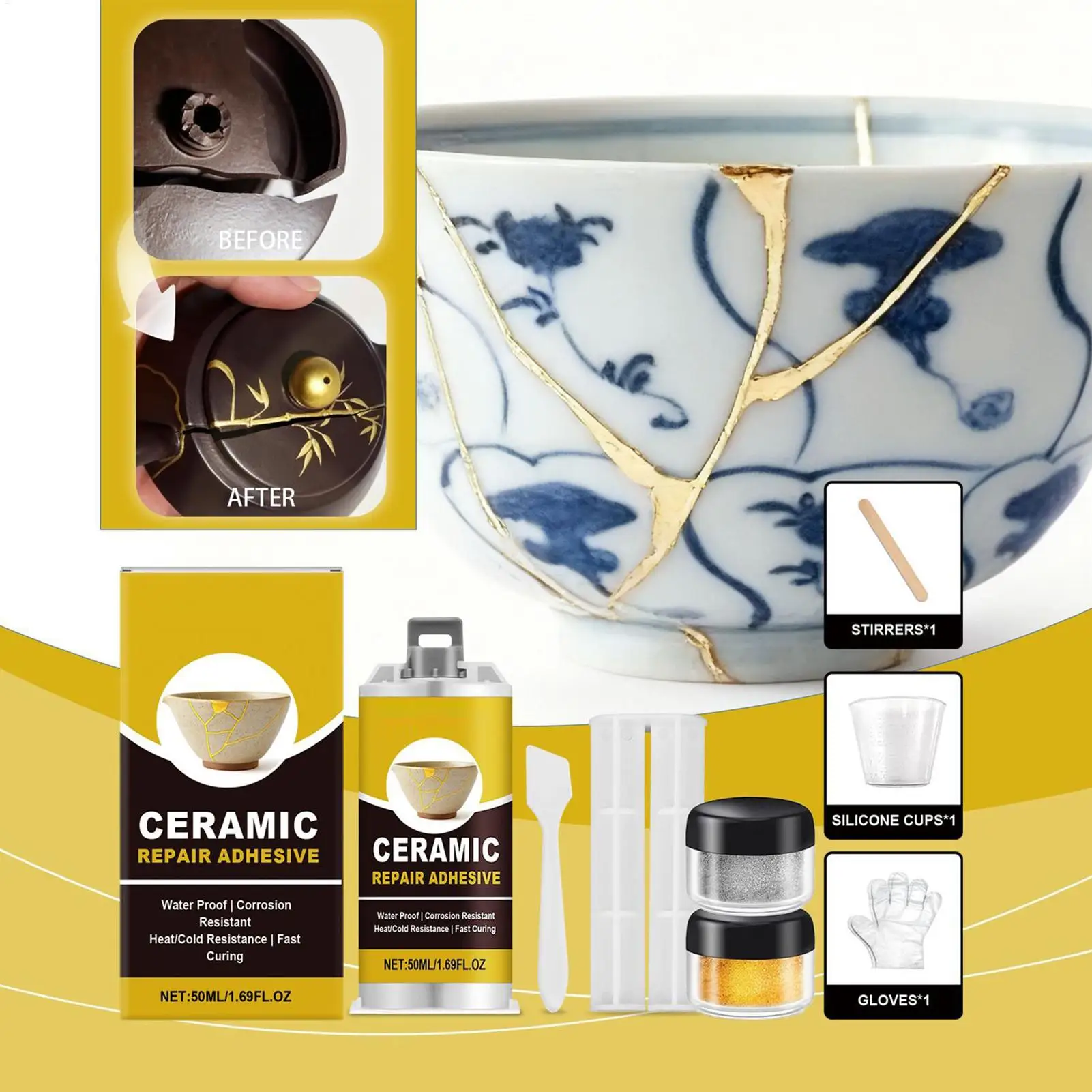 Kintsugi Ceramic Repair Kit Food Safe Gold Adhesive for Broken Pottery Art Craft Bathtub Sculpture Restoration