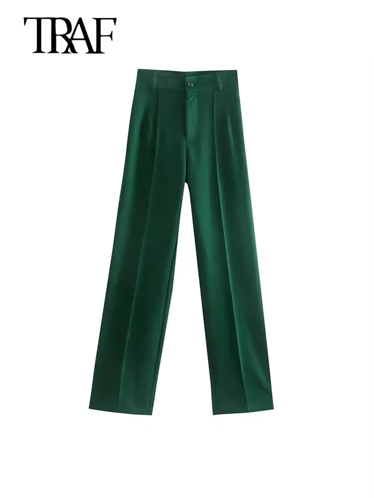 TRAF-pantaloni dritti con cerniera a vita alta da donna, pantaloni femminili, moda Chic, abbigliamento da ufficio, Vintage