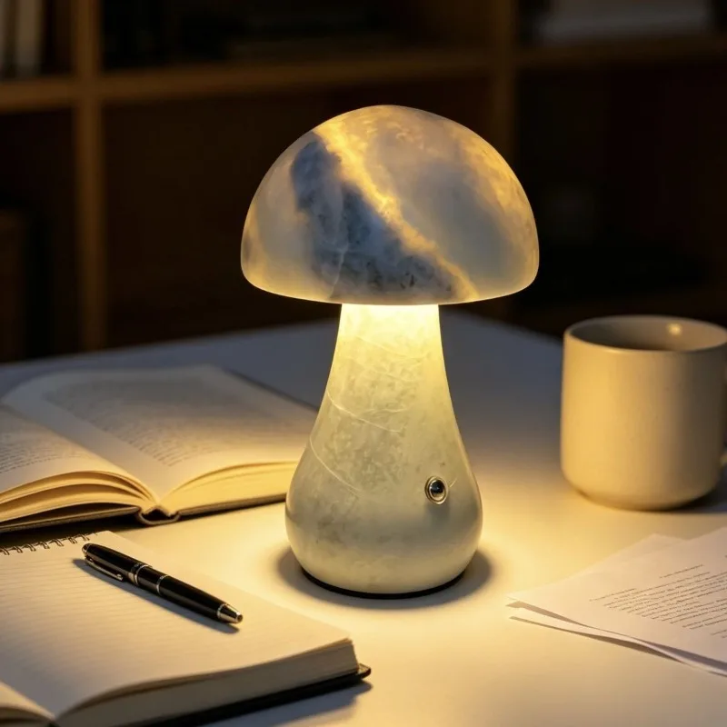Natural marble mushroom lamp night light, rechargeable bedroom bedside ambient light sleep soft light small table lamp ornament