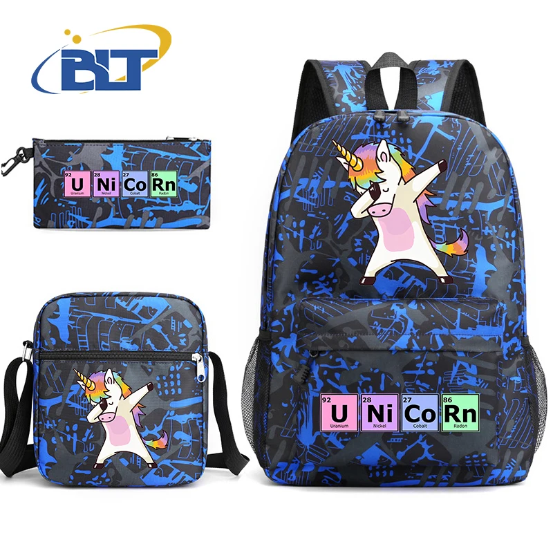 Cute Unicorn Print Backpack Set, Student School Bag, Shoulder Bag, Pencil Case, Kids Gift, Casual, 3 pcs