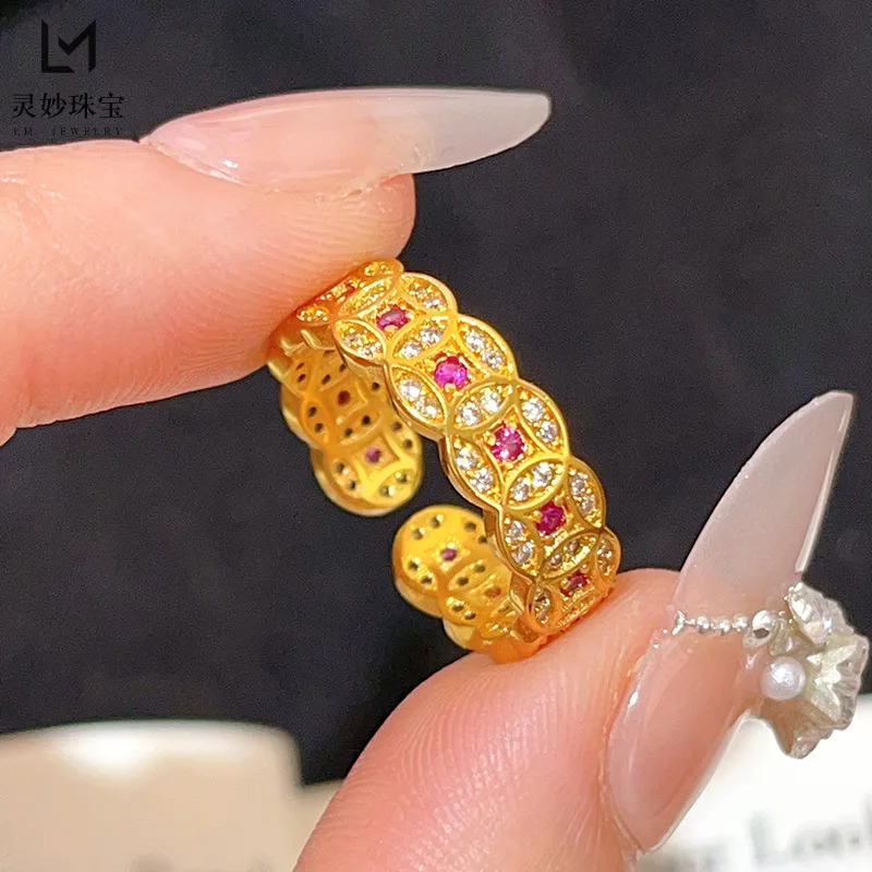 

Роскошные ювелирные изделия из настоящего золота 9999, кольцо для монет с красным бриллиантом, кольцо для денег Duoduo, медное кольцо для открытия монет, модный подарок для подруги