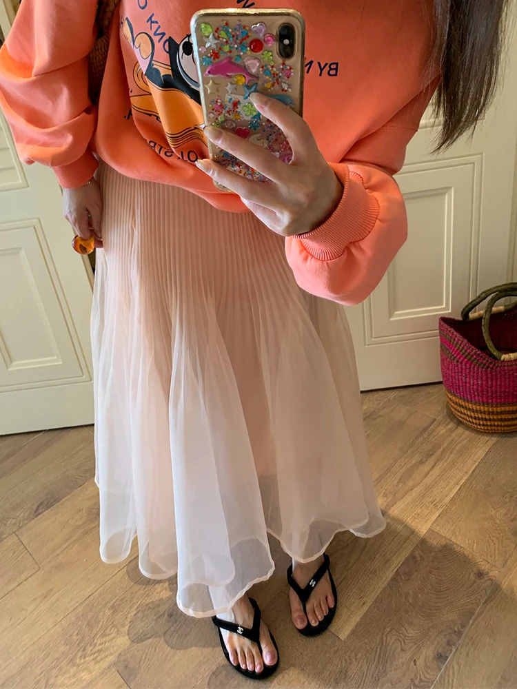 falda Rosa en Línea A con Cintura Elástica y Pliegues, Estilo Fresco y Nuevo para Mujer, Primavera 2025, Falda Blusa de F...