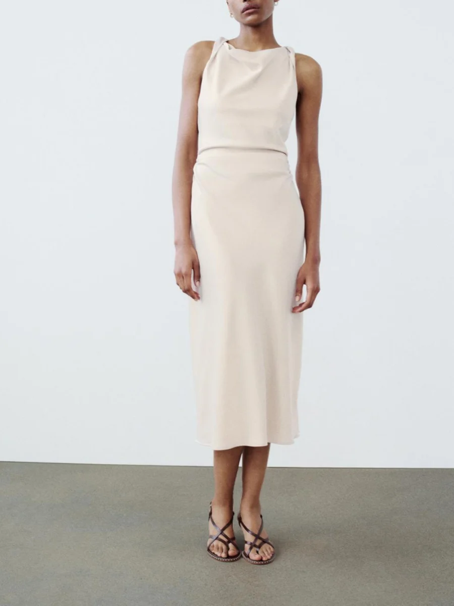 Letnia Nowa Damska Jedwabna Satynowa Długa Sukienka Midi z Wąskim Pasem Wyszczuplająca Okrągły Dekolt Inny 00% Materiał Midi Dr