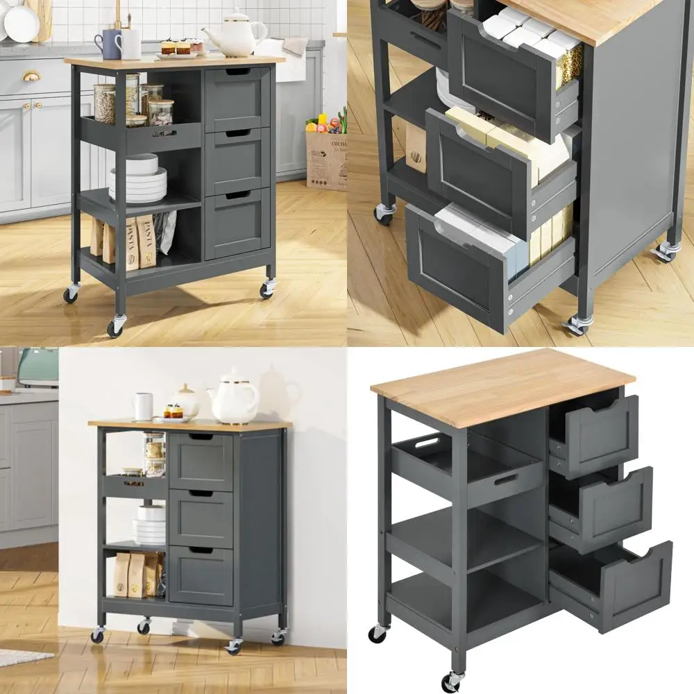 

Портативная кухонная островная тележка на колесиках со столешницей из массива дерева и местом для хранения, сервировочная тележка для столовой для мобильности