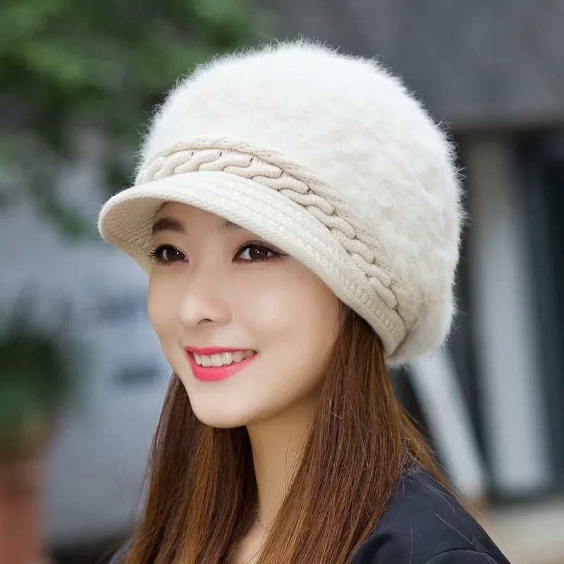 Women Winter Beret Hats Thick Knitted Rabbit Fur Caps Wool Knitted Female Berets Warm Cap Skullies Cabbie Beanies Hats