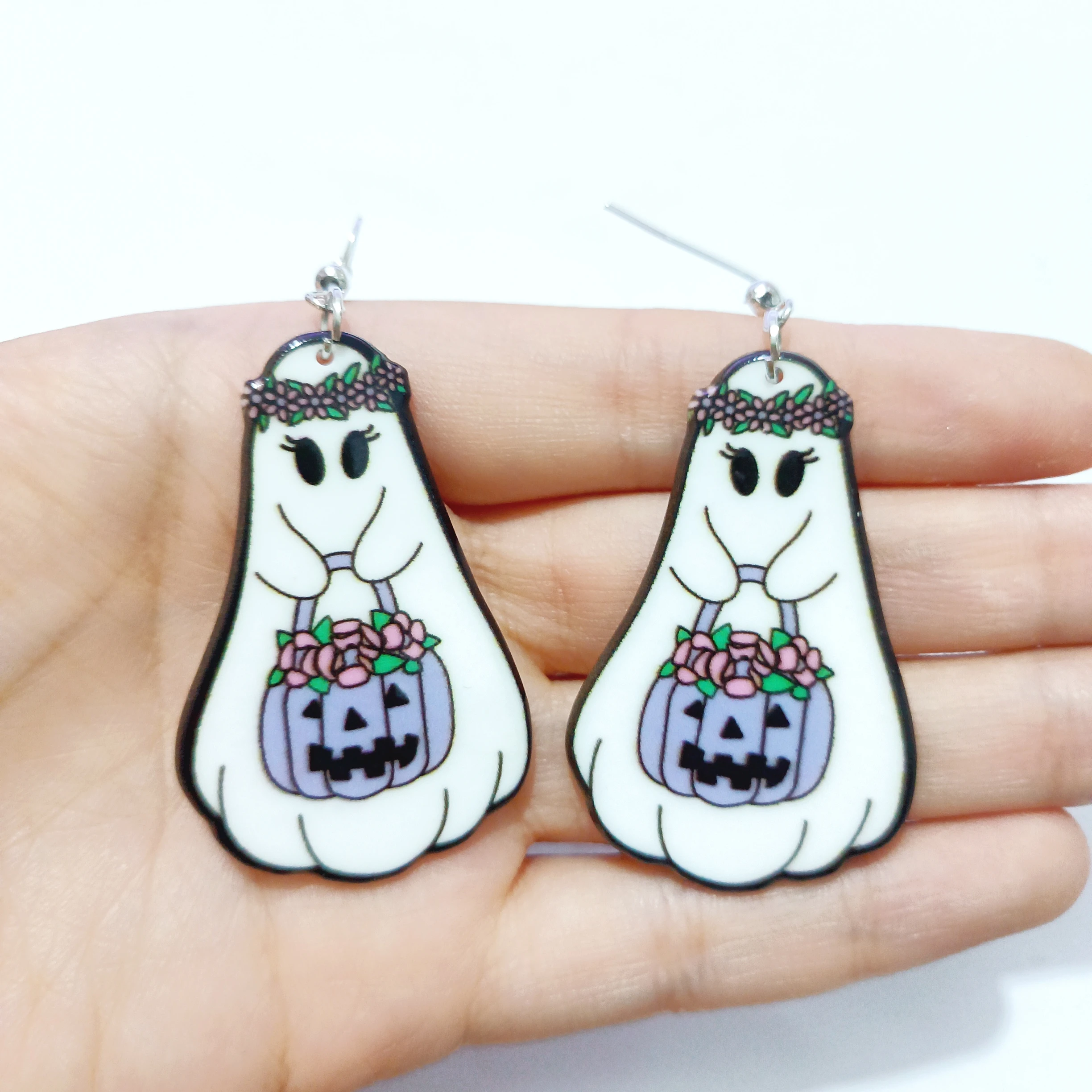 Double Sides Cute Acrylic Ghost Pumpkin Phone Mushroom Book Flower Earrings for Women Cartoon Pendant Ear Rings Halloween Gifts