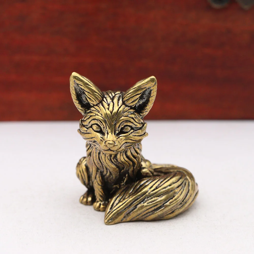 Solid Brass Lovely Fox Figurines Desktop Ornaments Vintage Cute Animal Small Statue Home Decorations Crafts Accessories Tea Pets