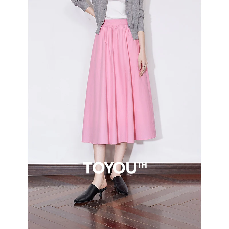 TOYOUTH Women Skirt 2025 Spring New Lyocell Cotton Pleated Mid Length A Line Skirt Rose Pink