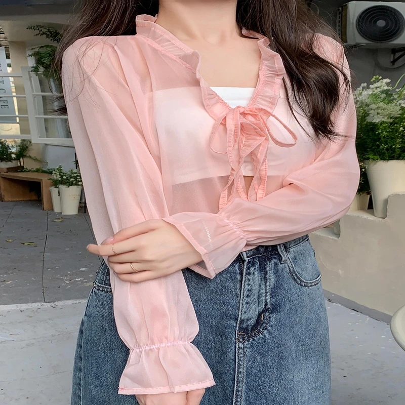 Cárdigan de gasa transpirable con volantes y cuello en V para mujer, blusa Sexy para vacaciones y playa, chaqueta fresca en polvo para mujer