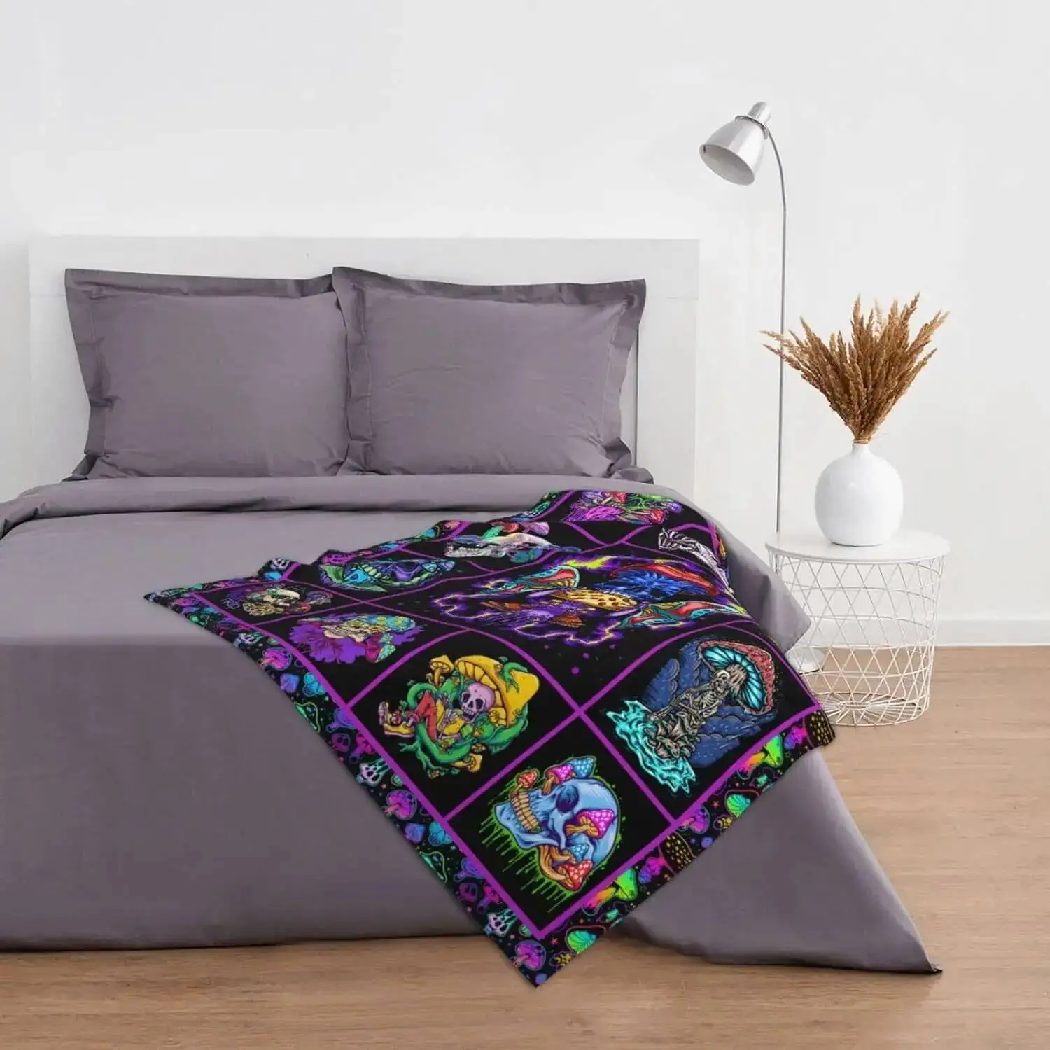 

Customized Mushroom Skull Blanket Purple Neon Skull Mushroom Rim Velvet Blanket Gothic Mushroom Skull Adult Gift