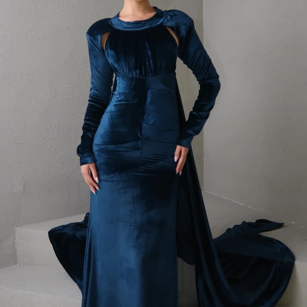 

Customized Mermaid Evening Dresses Floor-length O-neck Full Sleeve Prom Gown Simple Fashion Draped Backless Casual Party Gown