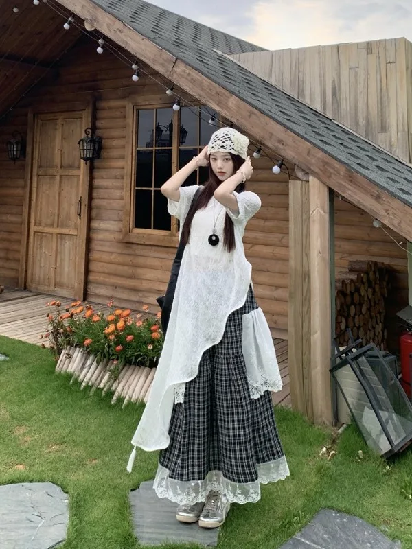

plus Size Lace Top And Plaid Skirt Set Summer Casual Elegant Outfit High Waist Asymmetrical A-Line Skirt Short Sleeve