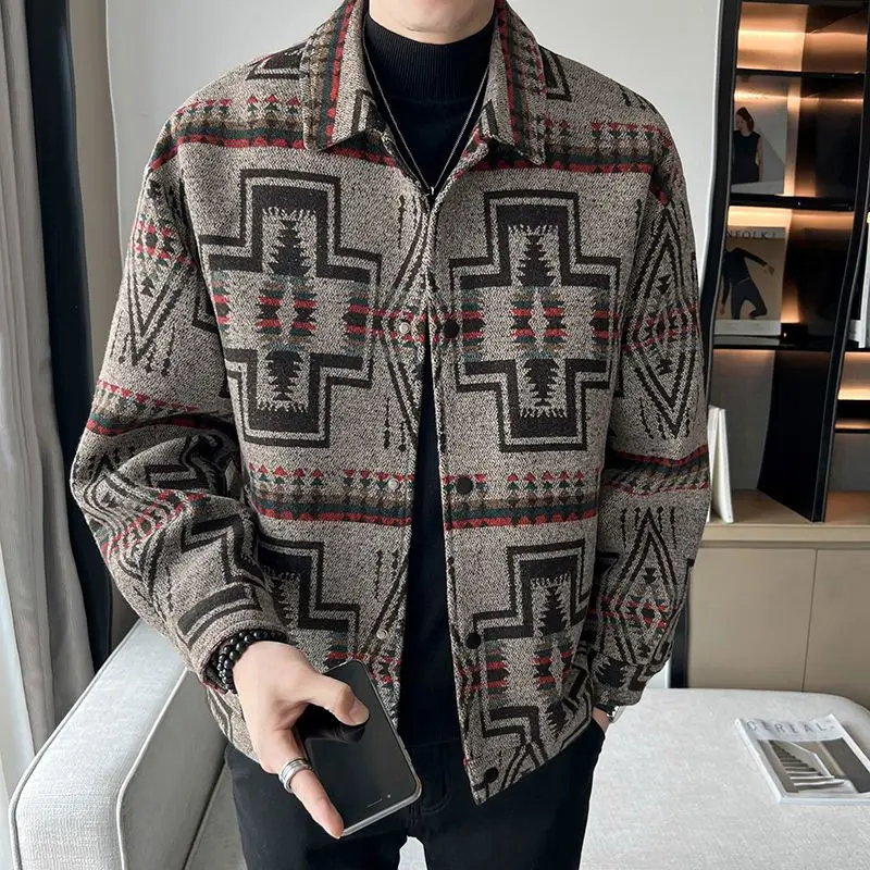 Fashion Lapel Button Vintage Printed Geometric Jackets Men's Clothing 2024 Autumn Winter New Loose All-match Tops Casual Coats